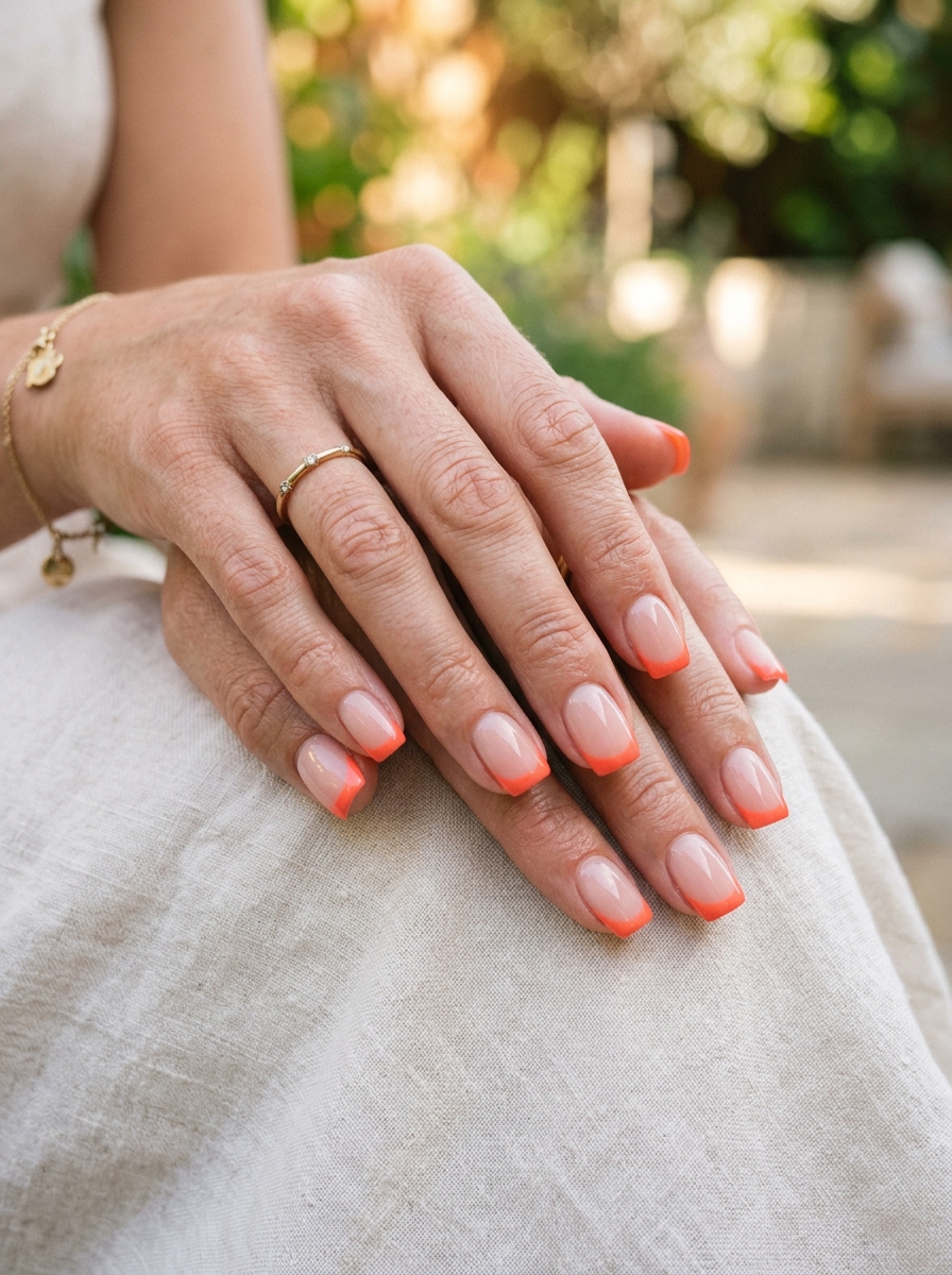 Coral French Square Nails